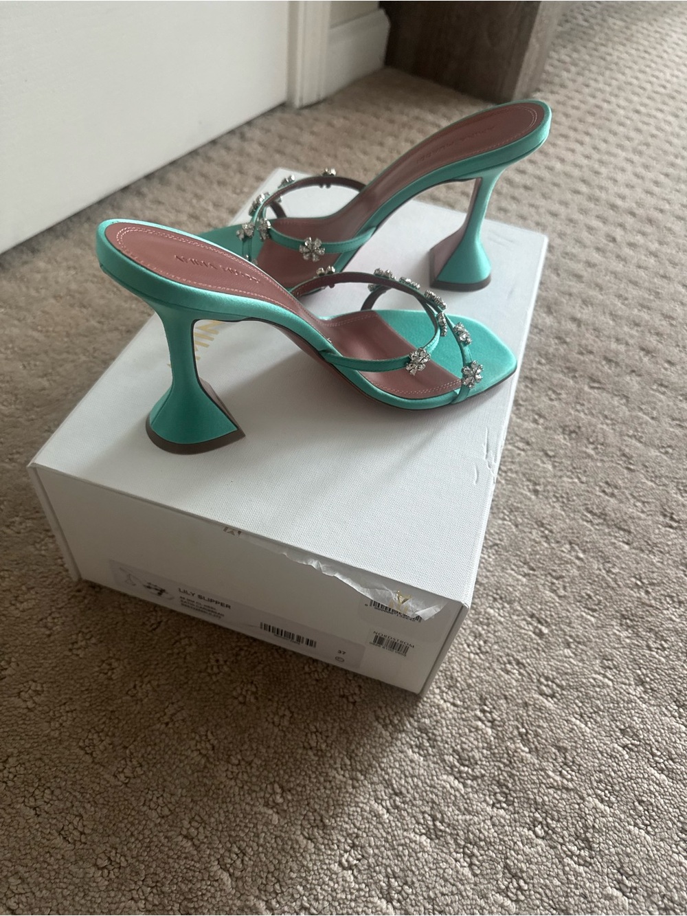 Amina’s LEmerald Satin T-Strap Jeweled Heels